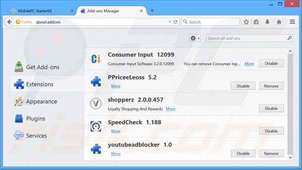 Suppression des publicités MobilePCStarterKit dans Mozilla Firefox étape 2