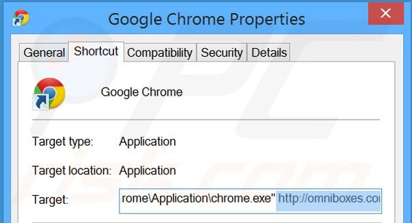 Suppression du raccourci cible d'omniboxes.com dans Google Chrome étape 2
