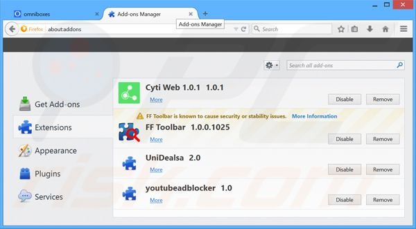 Suppression des extensions reliées à omniboxes.com dans Mozilla Firefox 