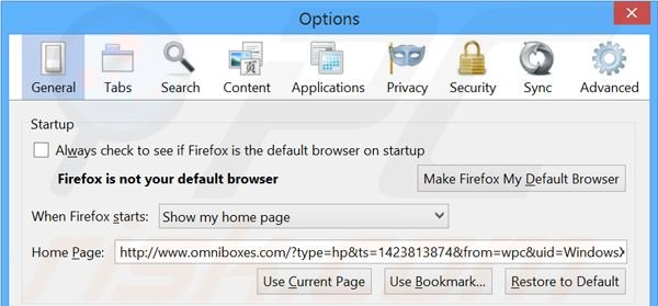 Suppression de la page d'accueil d'omniboxes.com dans Mozilla Firefox 