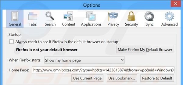 Suppression de la page d'accueil d'omniboxes.com dans Mozilla Firefox 