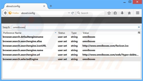 Suppression du moteur de recherche par défaut d'omniboxes.com removal dans Mozilla Firefox