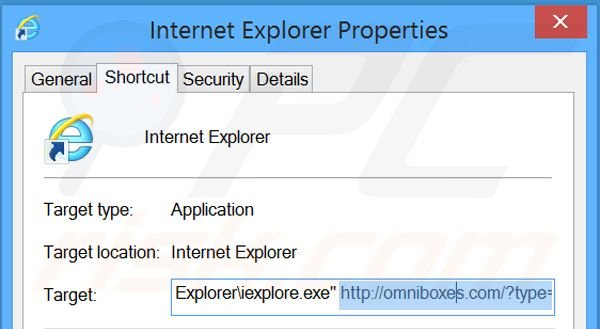 Suppression du raccourci cible d'omniboxes.com dans Internet Explorerétape 2