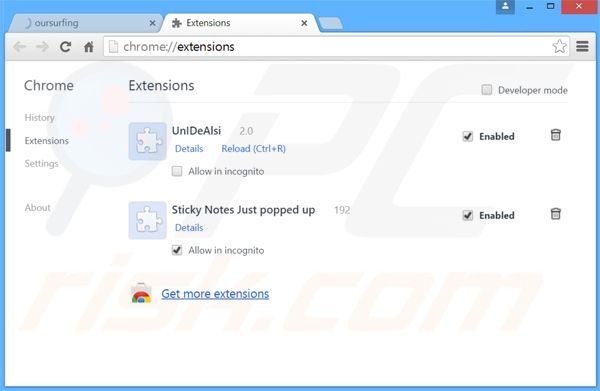 Suppression des extensions reliées à oursurfing.com dans Google Chrome 