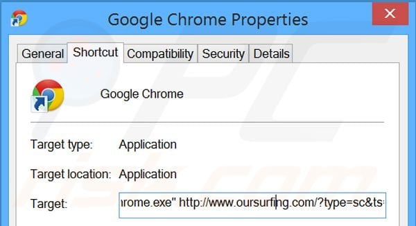 Suppression du raccourci cible d'oursurfing.com dans Google Chrome étape 2