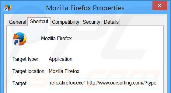 Suppression du raccourci cible d'oursurfing.com dans Mozilla Firefox étape 2