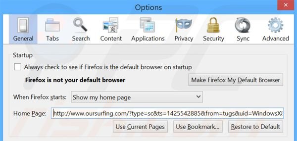 Suppression de la page d'accueil d'oursurfing.com dans Mozilla Firefox 