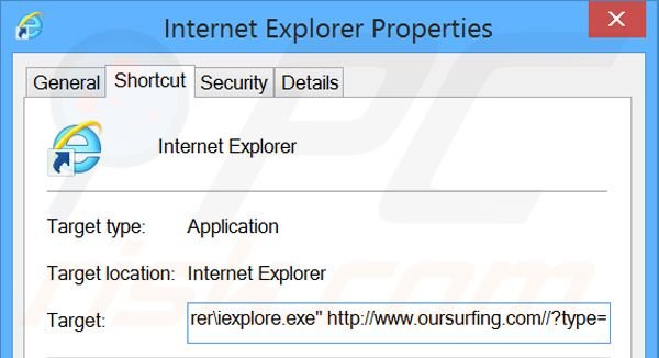 Suppression du raccourci cible d'oursurfing.com dans Internet Explorer étape 2