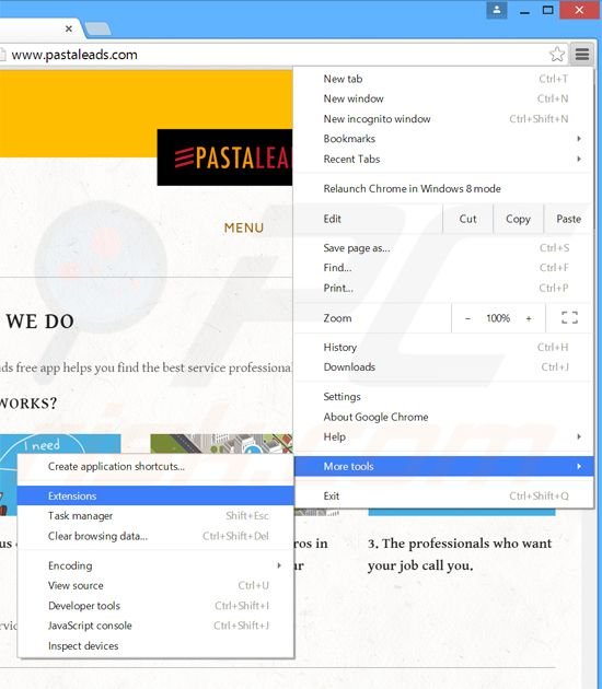 Suppression des publicités PastaLeads dans Google Chrome étape 1