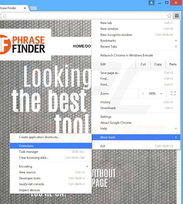 Removing Phrase Finder  ads from Google Chrome step 1