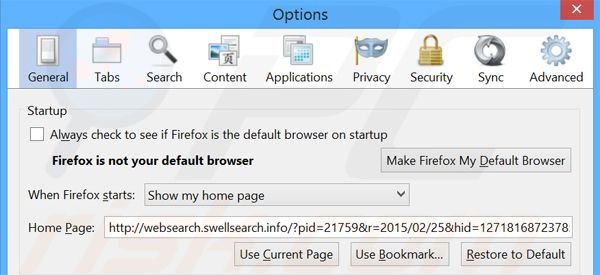 Suppression de la page d'accueil de websearch.swellsearch.info dans Mozilla Firefox 
