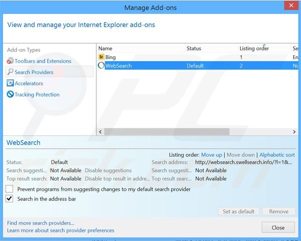 Suppression du moteur de recherche par défaut de websearch.swellsearch.info dans Internet Explorer 