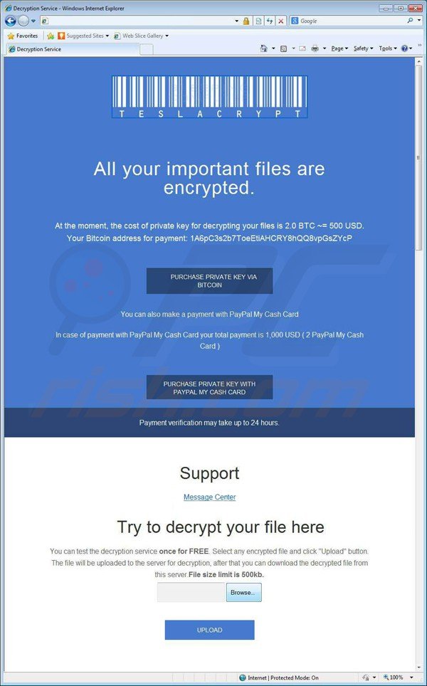 Information de paiement de TeslaCrypt 