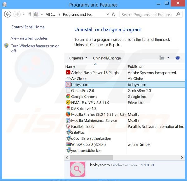Désinstallation du logiciel de publicité Boby Zoom via le Panneau de Configuration