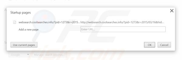 Suppression de la page d'accueil de websearch.coolsearches.info dans Google Chrome 