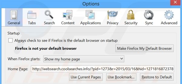 Suppression de la page d'accueil de websearch.coolsearches.info dans Mozilla Firefox 