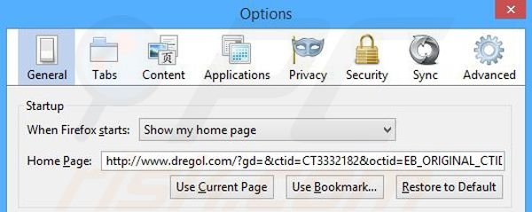 Suppression de la page d'accueil de dregol.com dans Mozilla Firefox 