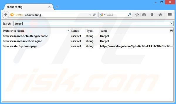Suppression du moteur de recherche par défaut de dregol.com dans Mozilla Firefox 