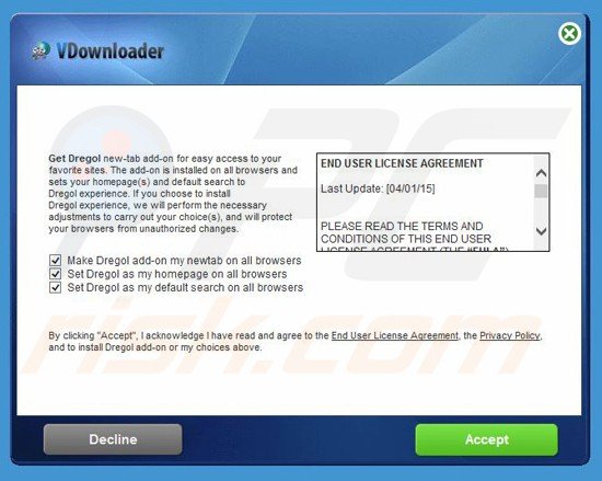 Installateur du pirate de navigateur dregol.com 