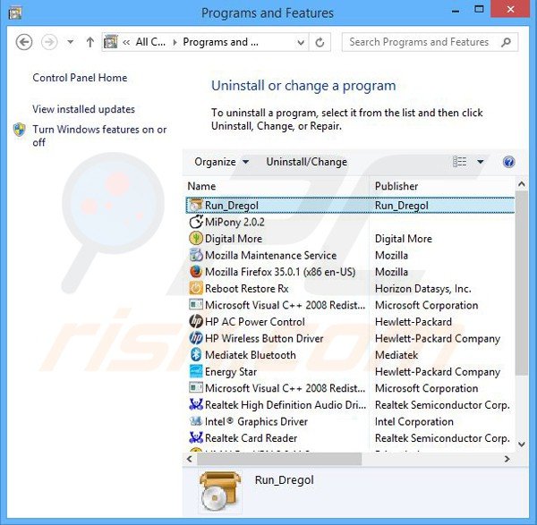 Désinstallation du pirate de navigateur dregol via le Panneau de Configuration	