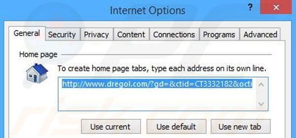 Suppression de la page d'accueil de dregol.com dans Internet Explorer 