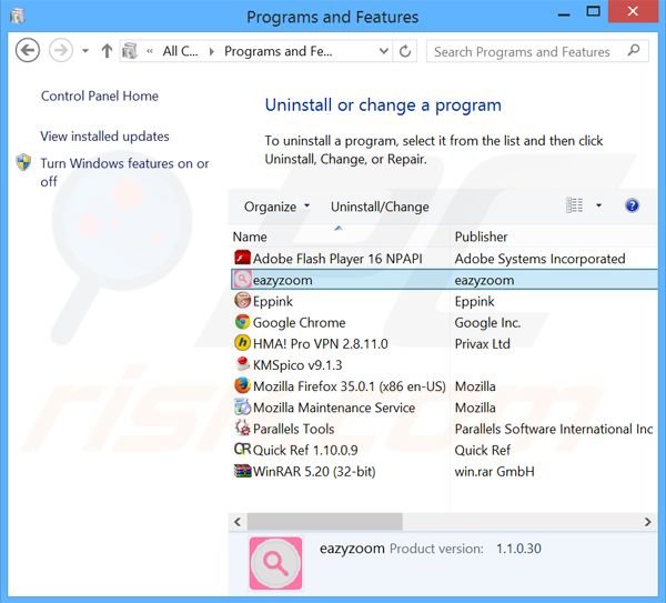 Désinstallation du logiciel de publicité Eazy Zoom via le Panneau de Configuration
