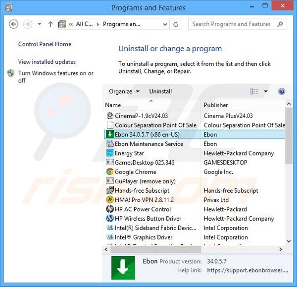 Désinstallation du logiciel de publicité ebon browser via le Panneau de Configuration