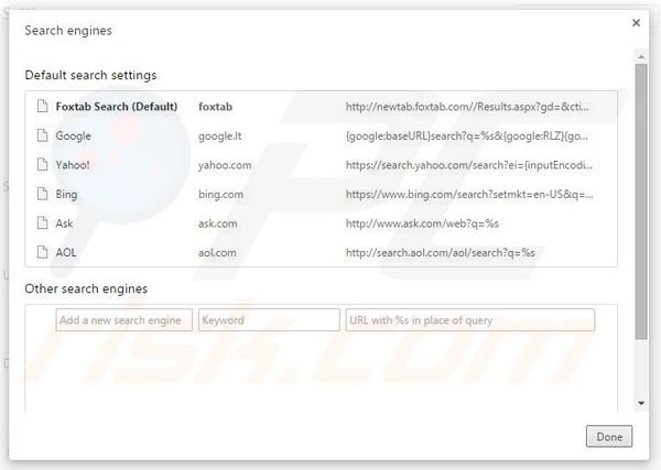 Suppression du moteur de recherche par défaut de search.foxtab.com dans Google Chrome