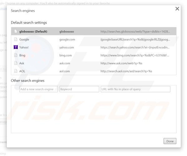 Suppression du moteur de recherche par défaut de searches.globososo.com dans Google Chrome 