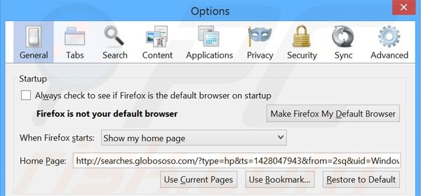 Suppression de la page d'accueil de searches.globososo.com dans Mozilla Firefox 