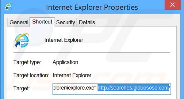 Suppression du raccourci cible de searches.globososo.com dans Internet Explorer étape 2