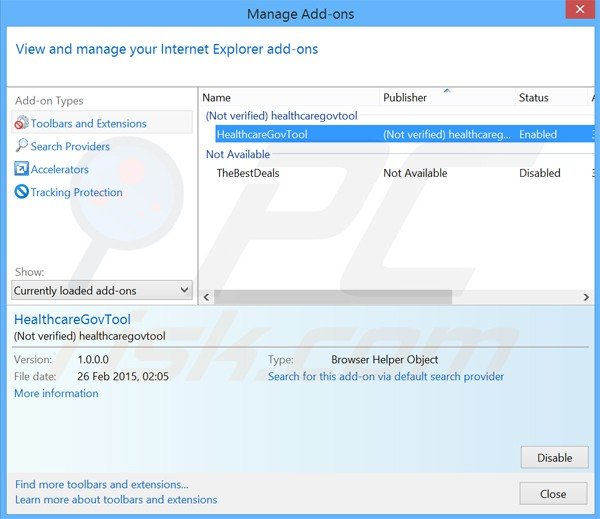 Suppression des publicités Healthcare Gov Tool dans Internet Explorer étape 2