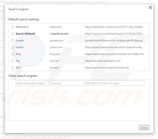 Suppression du moteur de recherche par défaut d'i-search.us.com dans Google Chrome 