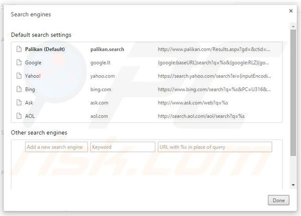 Suppression du moteur de recherche par défaut de palikan.com dans Google Chrome 