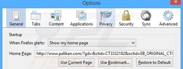 Suppression de la page d'accueil de palikan.com dans Mozilla Firefox 