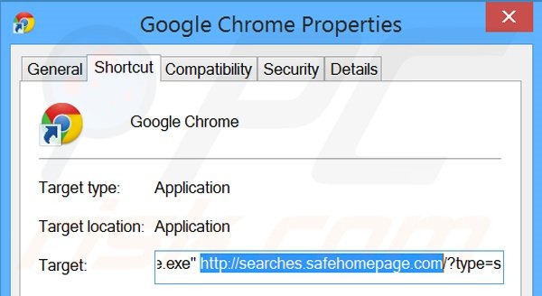 Suppression du raccourci cible de searches.safehomepage.com dans Google Chrome étape 2
