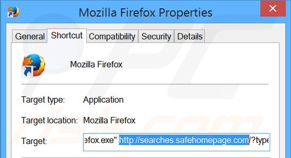 Suppression du raccourci cible de searches.safehomepage.com dans Mozilla Firefox étape 2