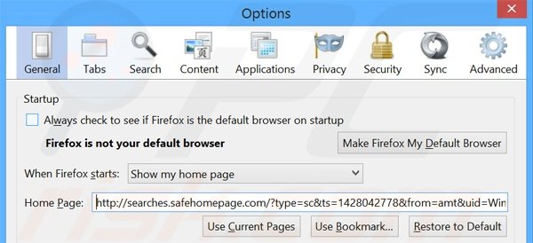 Suppression de la page d'accueil de searches.safehomepage.com dans Mozilla Firefox 