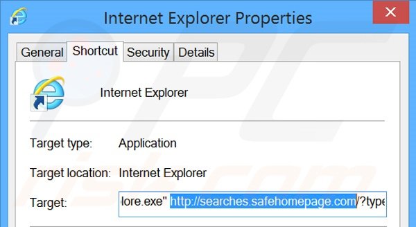 Suppression du raccourci cible de searches.safehomepage.com dans Internet Explorer étape 2