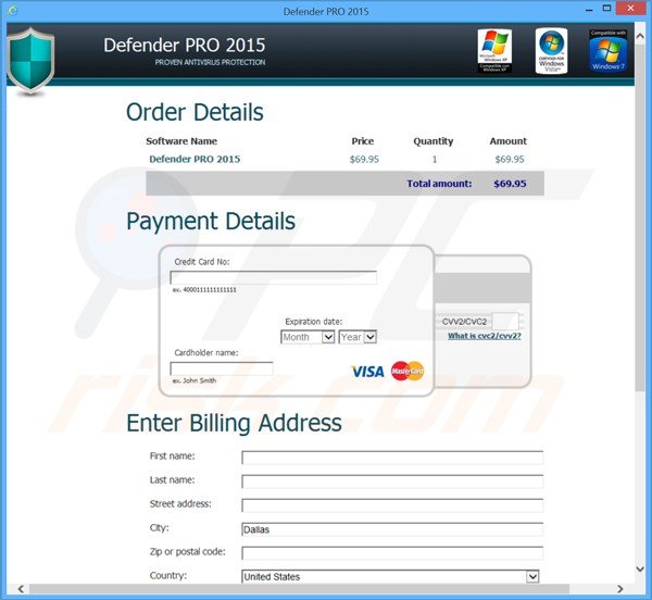 Page de paiement de l'arnaque Defender pro 2015 