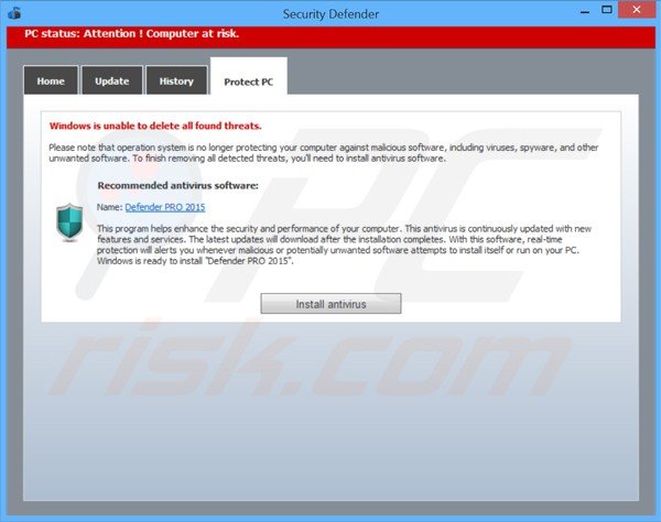 arnaque security defender publicisant defender pro 2015 un rpogramme antivirus non existent