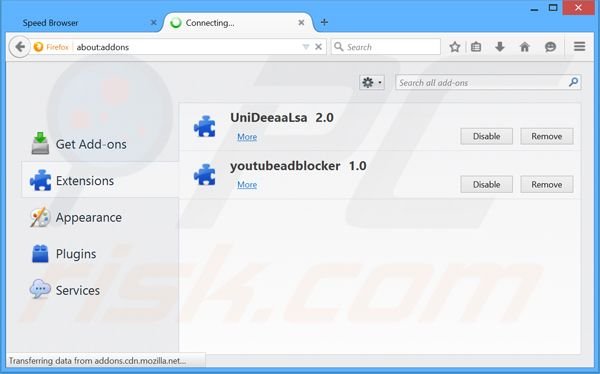 Suppression des publicités Speed Browser dans Mozilla Firefox étape 2