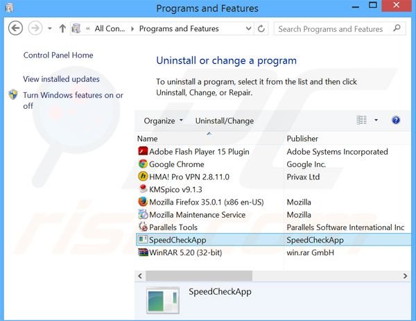Désinstallation du logiciel de publicité SpeedCheckApp via le Panneau de Configuration