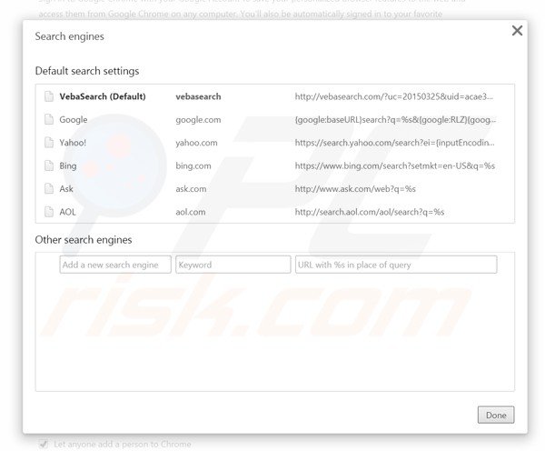 Suppression du moteur de recherche par défaut de vebasearch.com dans Google Chrome 
