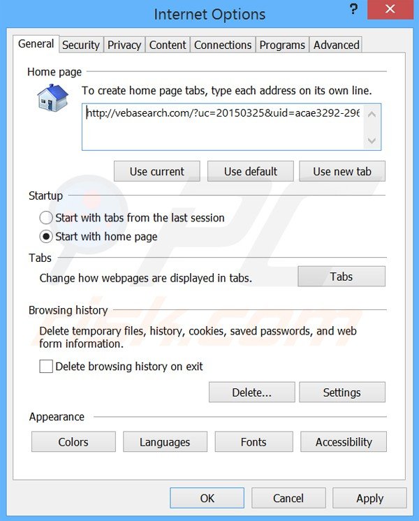 Suppression de la page d'accueil de vebasearch.com dans Internet Explorer 