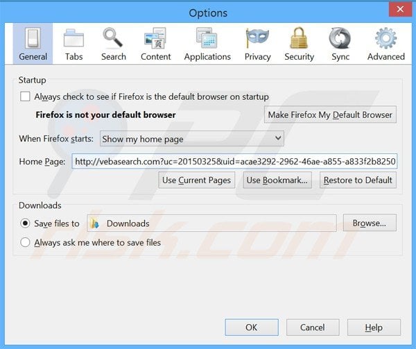 Suppression de la page d'accueil de vebasearch.com dans Mozilla Firefox 