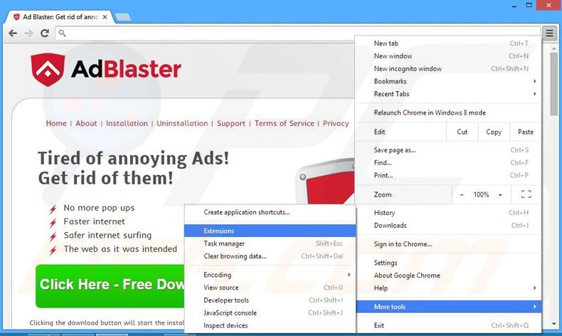Suppression des publicités Ad Blaster dans Google Chrome étape 1