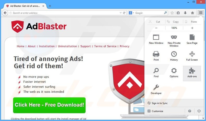 Suppression des publicités Ad Blaster dans Mozilla Firefox étape 1