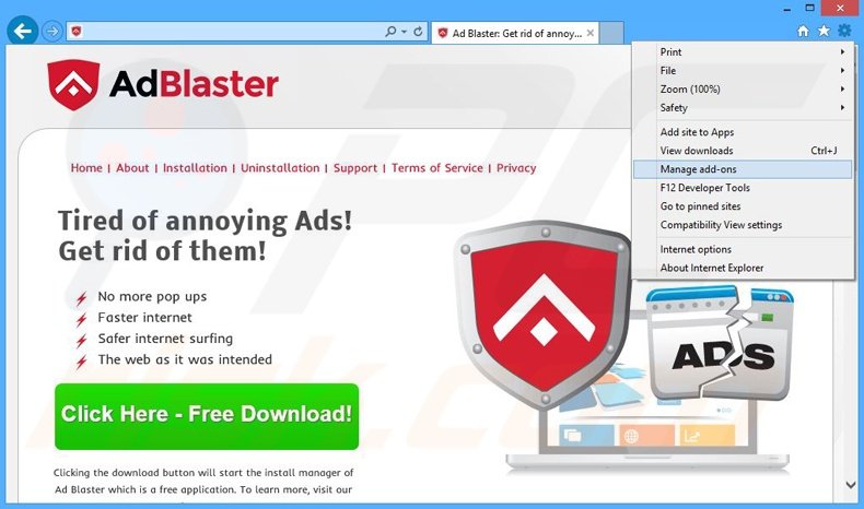 Suppression des publicités Ad Blaster dans Internet Explorer étape 1