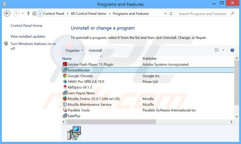Désinstallation du logiciel de publicité bestadblocker via le Panneau de Configuration
